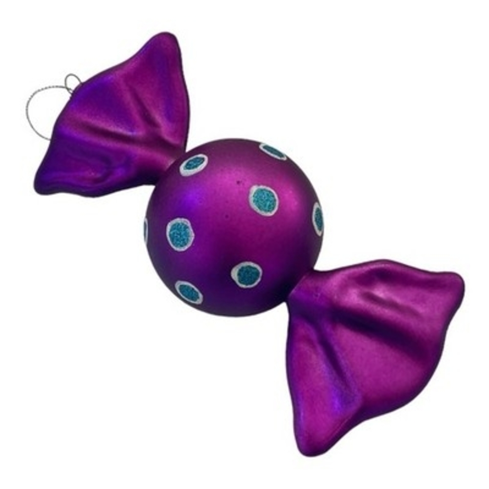 Large Purple Polkadot Wrapped Candy Ornament 6" Plastic Christmas Decor